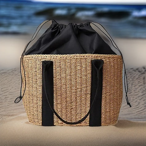 Women's Straw Beach Bag - Woven Tote with Black Straps | Summer Shopping Essentials | Eco-Friendly Handbag