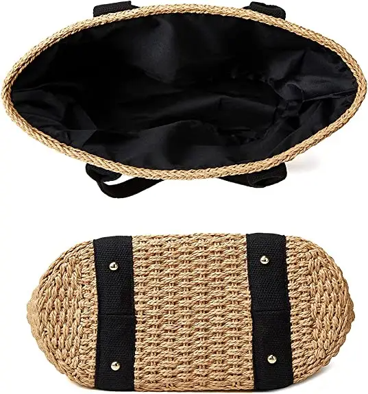 Women's Straw Beach Bag - Woven Tote with Black Straps | Summer Shopping Essentials | Eco-Friendly Handbag