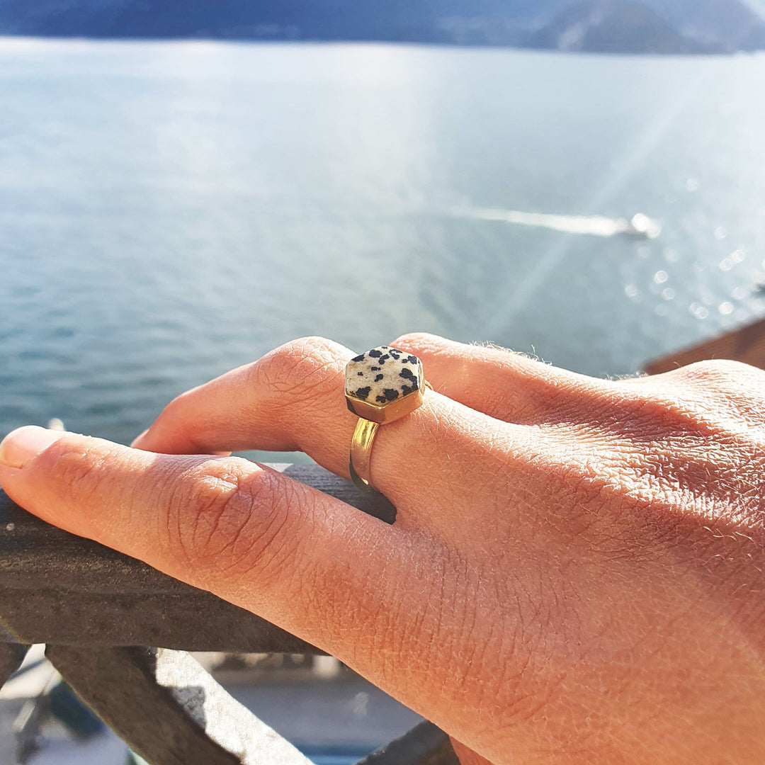  Dalmatian Jasper Hexagon Gold Plated Gemstone Ring. March Birthstone ring.