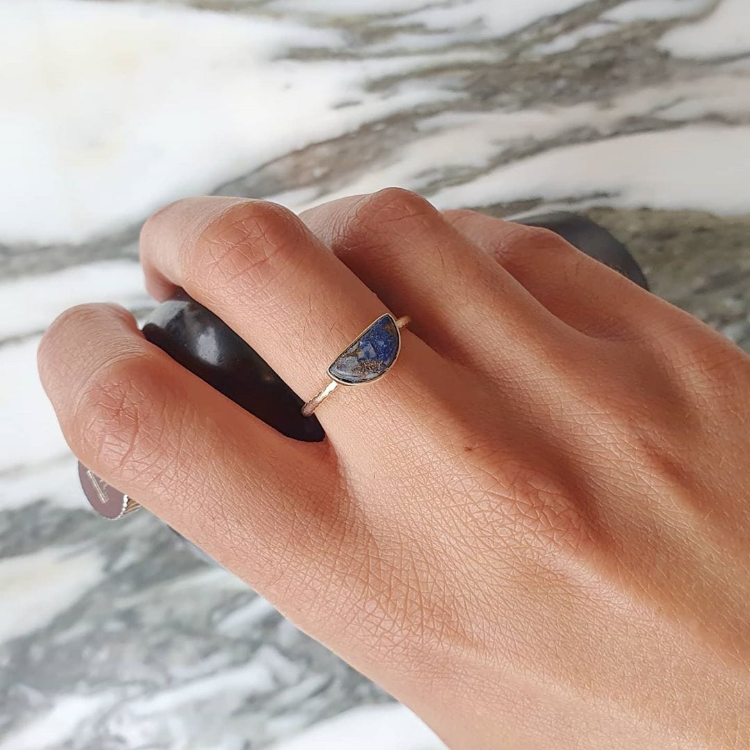 Gold vermeil half moon copper lapis lazuli ring. September birthstone ring.