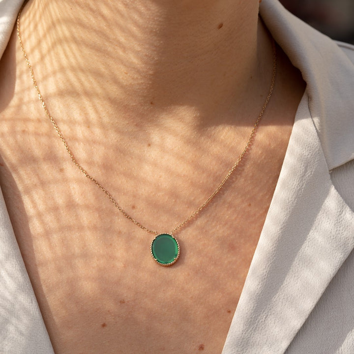 18ct Gold Vermeil Plated Oval Green Onyx Necklace