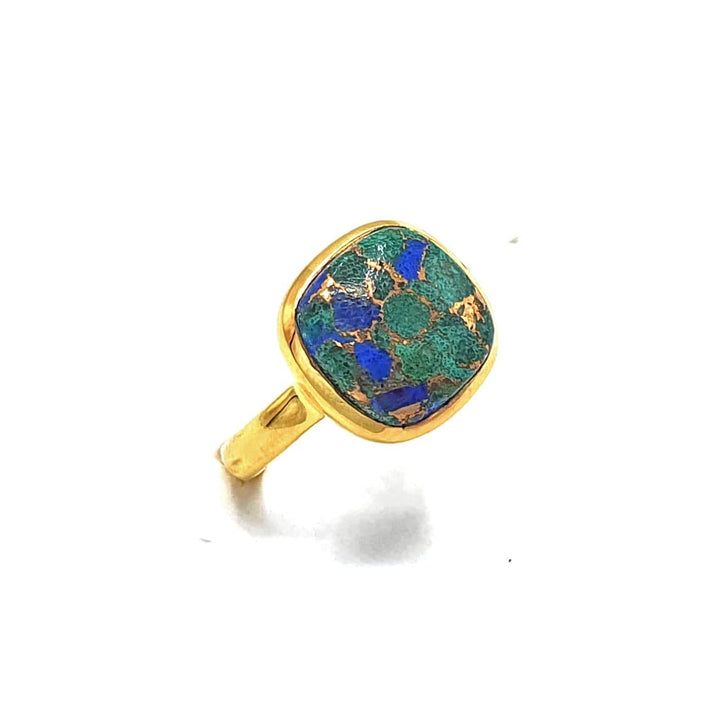 Azurite Gold Plated Sterling Silver Round Gemstone Ring - May Birthstone Ring