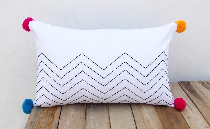 Chevron White Pillow Cover With Zig Zag Embroidery