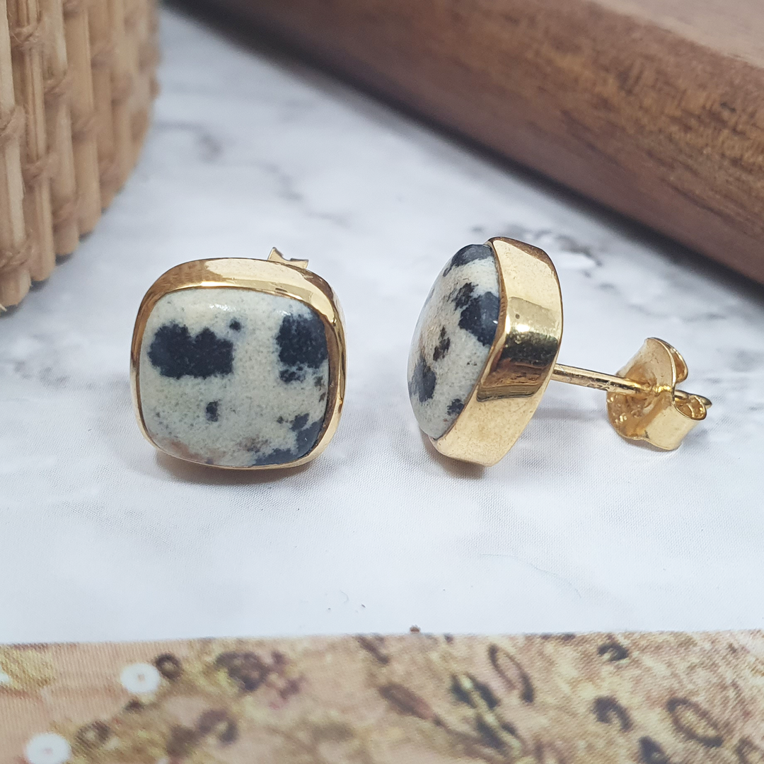 Idika Gold plated dalmatian jasper earrings. March birthstone earrings.