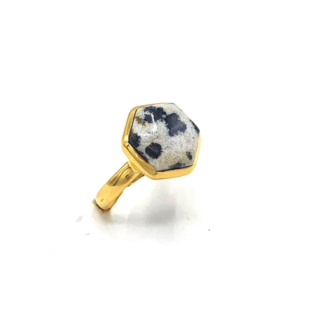 Dalmatian Jasper Hexagon Gold Plated Gemstone Ring. March Birthstone ring.