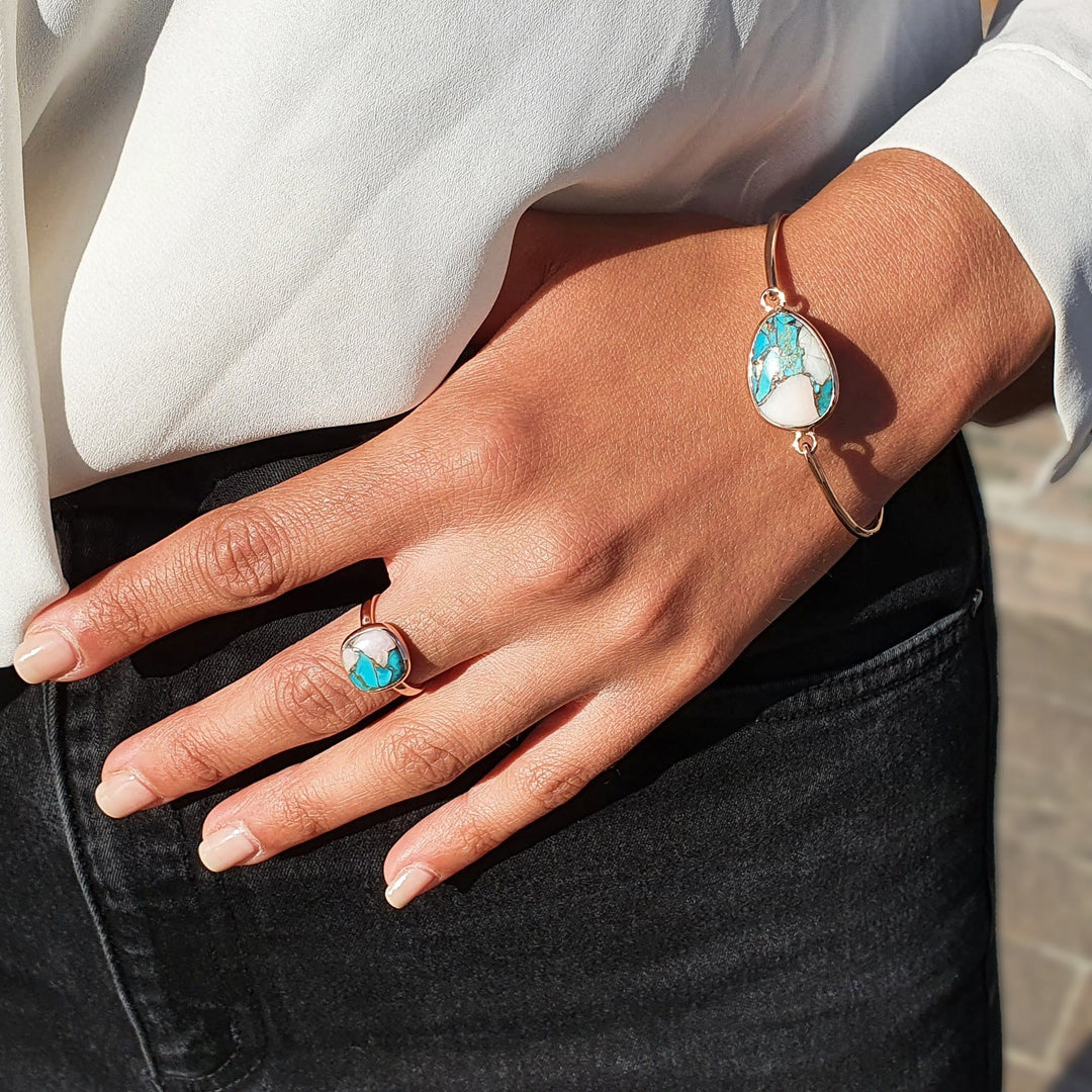 Opal & Copper Turquoise Rose Gold Vermeil Sterling Silver Round Ring - October & December Birthstone Ring