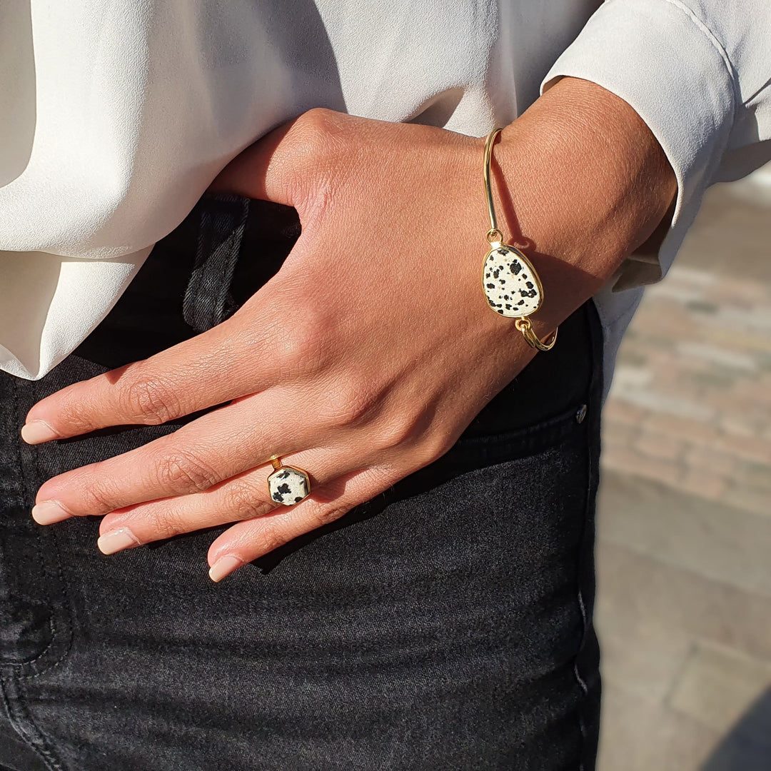 Dalmatian Jasper Hexagon Gold Plated Gemstone Ring. March Birthstone ring.