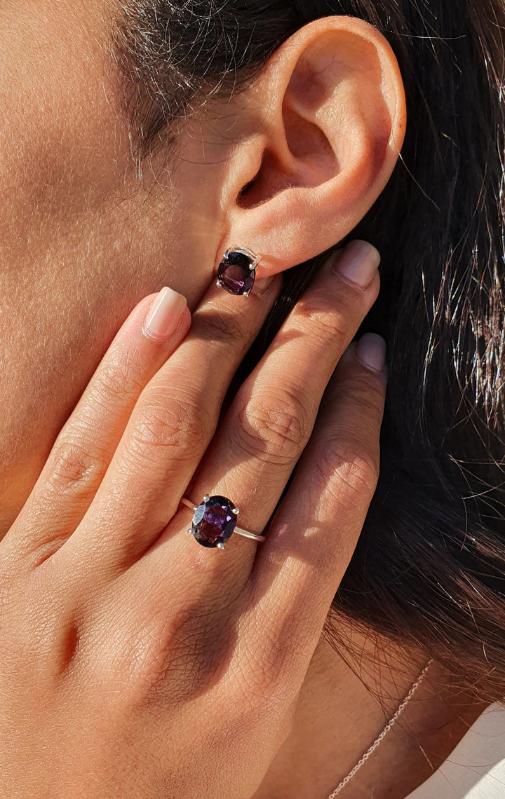 Amethyst gemstone sterling silver Oval Prong Set earrings - February Birthstone Earrings