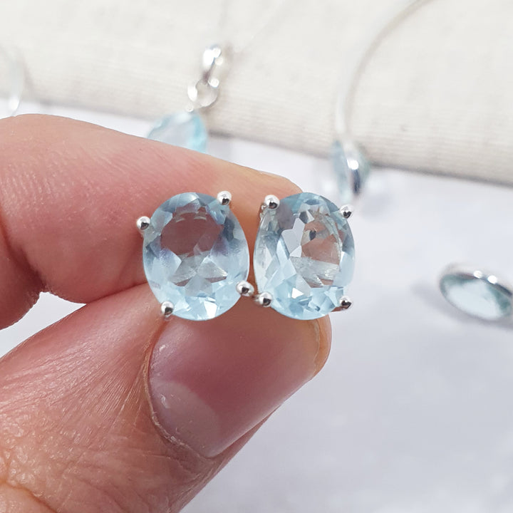 Sky Blue Topaz Sterling Silver Oval Prong Set Earrings - November Birthstone Earrings