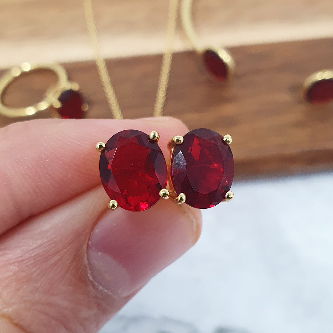 Garnet Gold Vermeil Prong Set Oval Earrings - January Birthstone Earrings