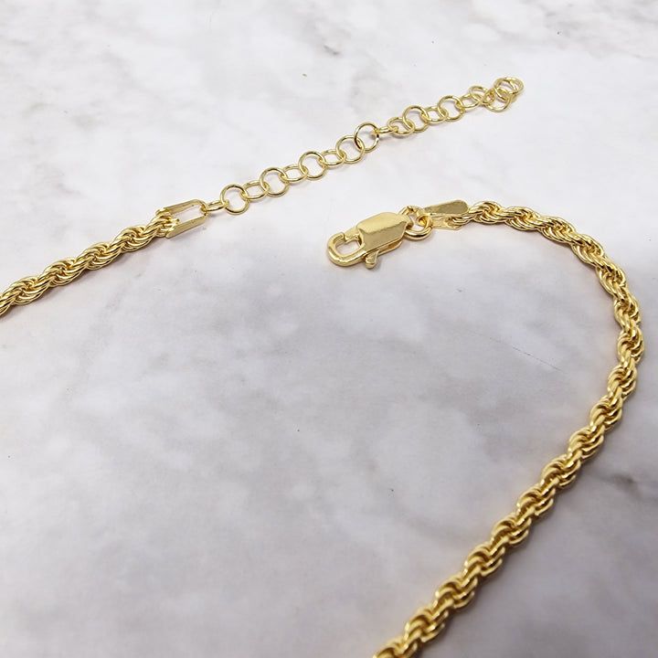 18k gold filled, 3 mm wide rope chain adjustable from 16" to 18"