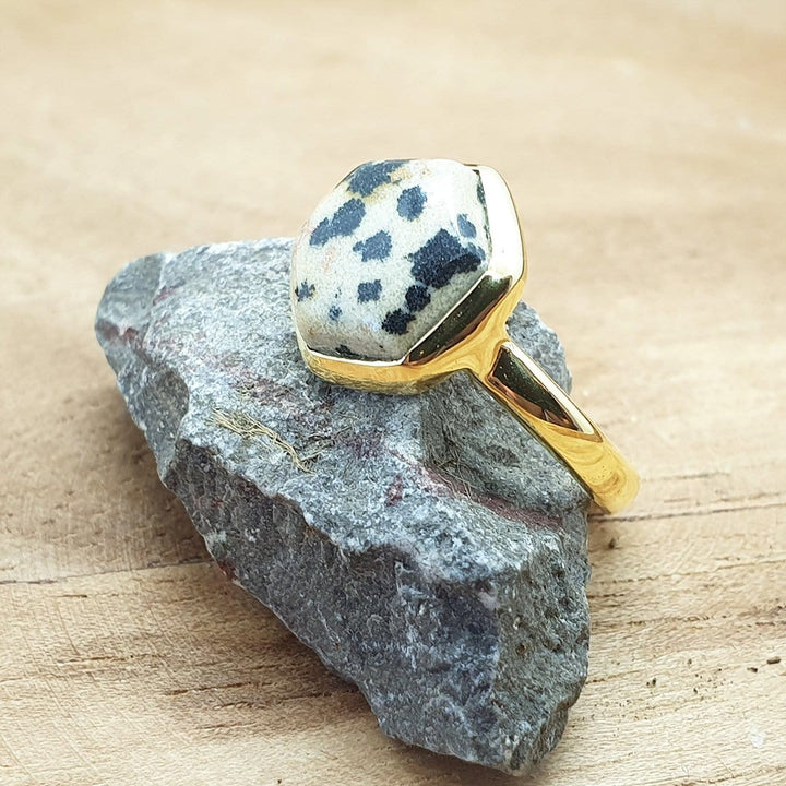 Idika - Dalmatian Jasper Hexagon Gold Plated Gemstone Ring. March Birthstone ring.