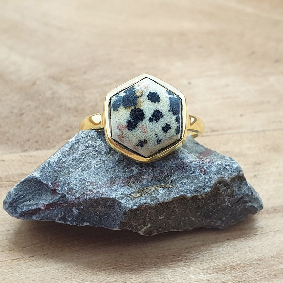 Idika - Dalmatian Jasper Hexagon Gold Plated Gemstone Ring. March Birthstone ring.