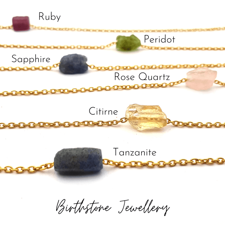 Birthstone jewellery - ruby, peridot, sapphire, rose quartz, citrine, tanzanite