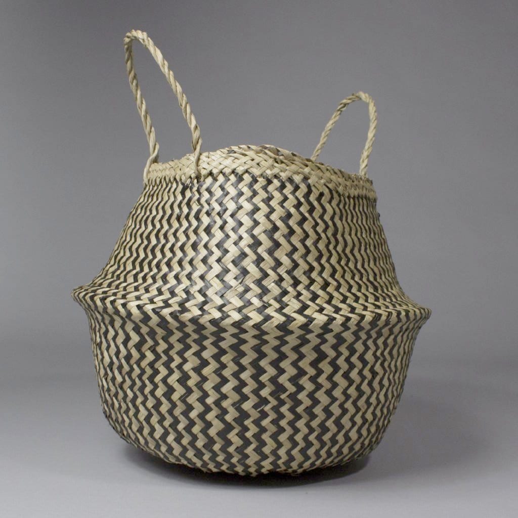 Linh - Folding Black Patterned Seagrass Storage Belly Basket