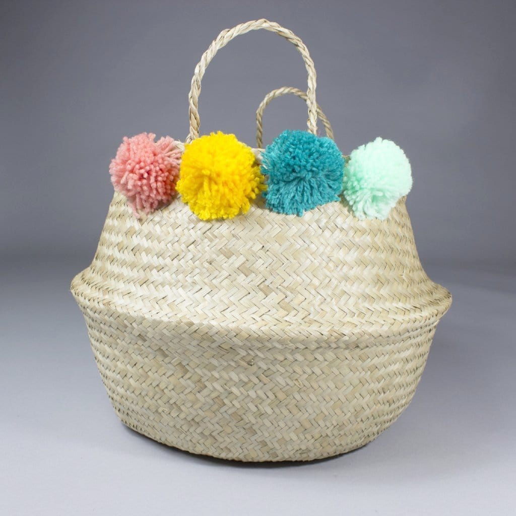 Mai - Folding Natural Toy Organiser Basket With Colourful Pompoms