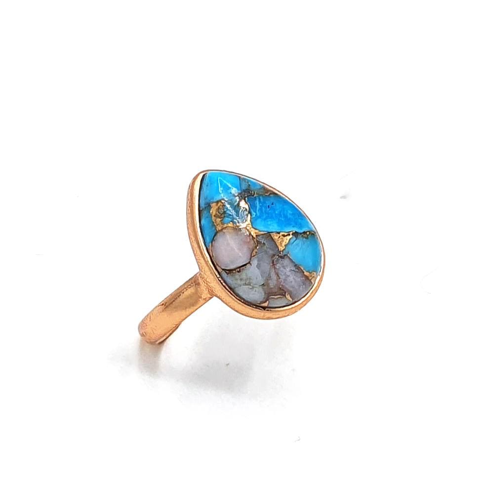 Pear Opal & Copper Turquoise Ring - October and December Birthstone Ring