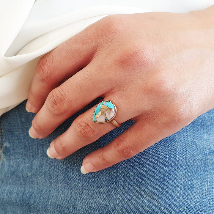 Ella - Pear Gemstone Ring, Pink, Rose Gold Plated, 10x14mm. October Birthstone Ring
