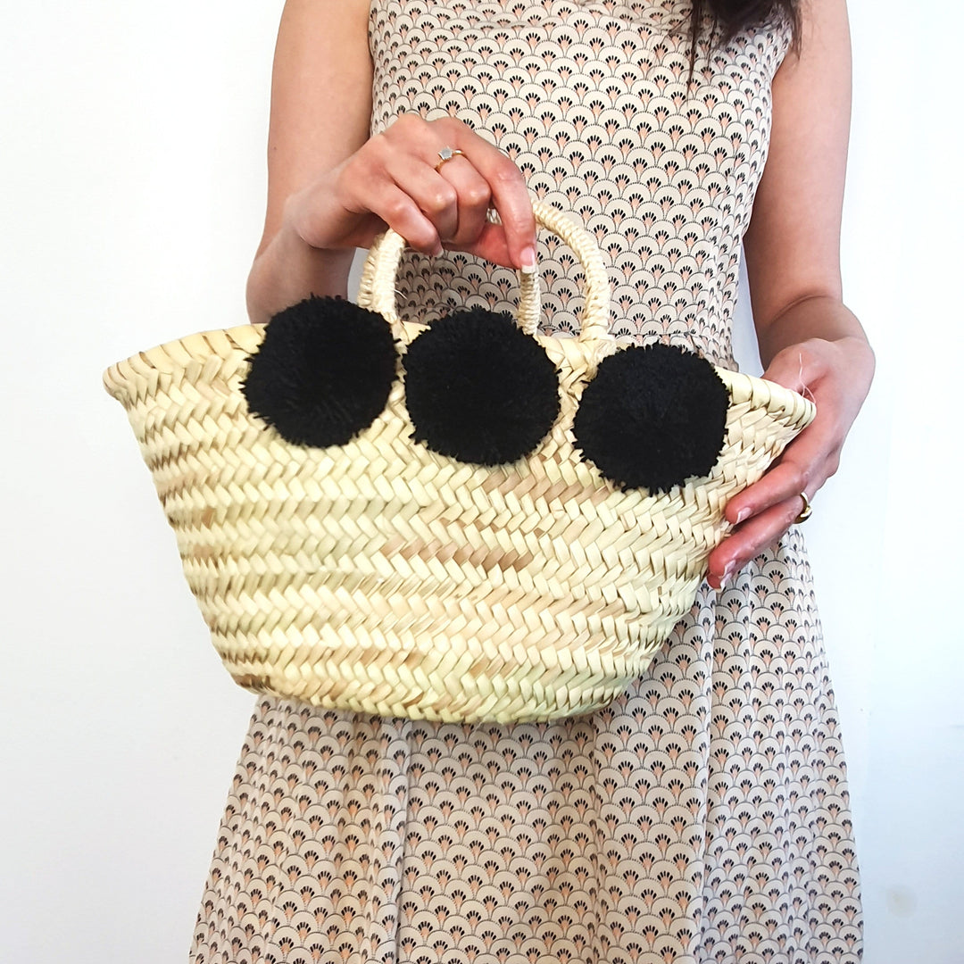 Small Fringe Market Beach Bag with Black Pom Poms | Stylish Summer Tote