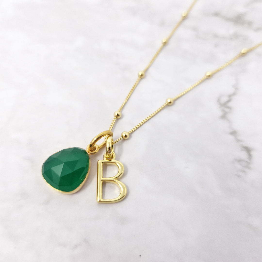 18ct Gold Plated Green Onyx May Birthstone Initial Necklace