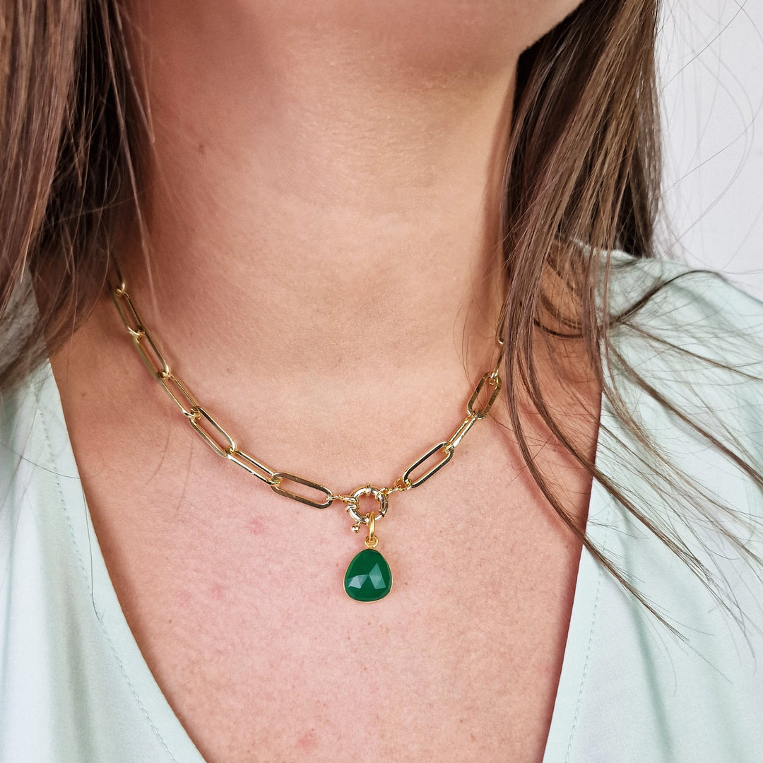 Green Onyx May Birthstone Gold Plated Charm Necklace